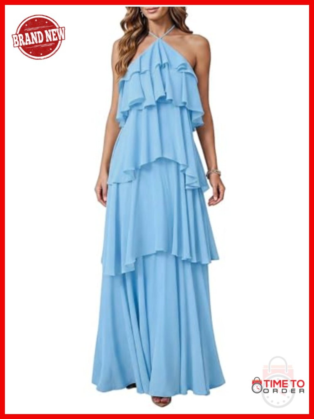 Women's Halter Ruffle Maxi Dress Sleeveless Backless Formal Wedding Guest